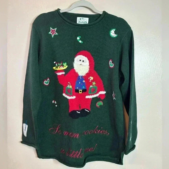 Quacker Factory Knit Christmas Holiday Sweater Santa Milk Cookies Green Medium - Picture 1 of 6